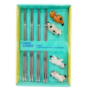 Chefs Atelier 8 Piece Chopstick Set with Kitty Cat Holders Stainless Steel NEW